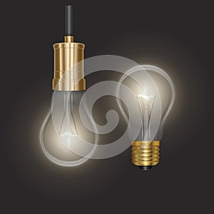 Realistic glow bulb background with luminant lens end lamp hanging on wire on dark background vector illustration