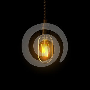 Realistic glowing lamp hanging on the wire. Incandescent lamp. Vector