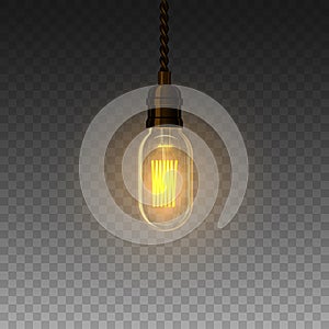 Realistic glowing lamp hanging on the wire. Incandescent lamp. Vector