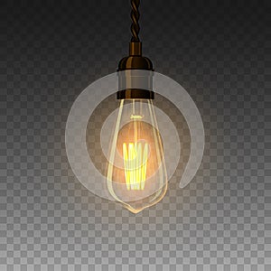 Realistic glowing lamp hanging on the wire. Incandescent lamp. Vector