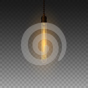 Realistic glowing lamp hanging on the wire. Incandescent lamp. Vector