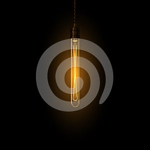 Realistic glowing lamp hanging on the wire. Incandescent lamp. Vector