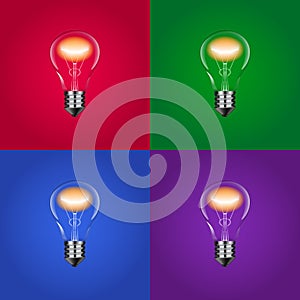 Realistic glowing light bulb with filament on colorful backgrounds, isolated