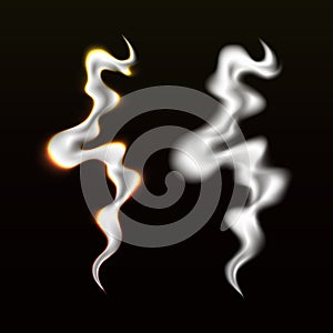 Realistic Glowing Smoke Waves Set. Vector Template Transparent Texture of Cigarette Smoke. Hot Steam Illustration