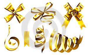 Realistic gold bows. Decorative golden favor ribbon, christmas gift wrapping bow and shiny ribbons 3D vector