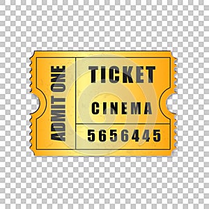 Realistic gold cinema ticket isolated object on transparent background. Cinema, theater, concert, movie, performance