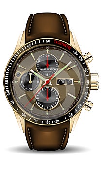 Realistic gold clock watch chronograph brown leather strap red arrow for men luxury on isolated background vector