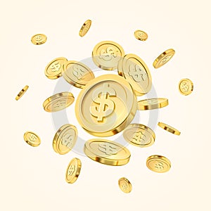 Realistic gold coin explosion or splash on white background. Rain of golden coins. Falling or flying money. Bingo