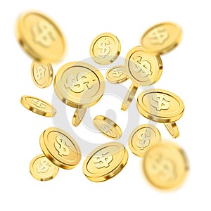 Realistic gold coin explosion or splash on white background. Rain of golden coins. Falling money. Bingo jackpot or