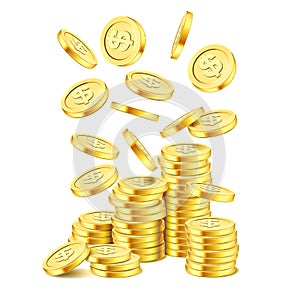 Realistic gold coin stack on white background. Rain of golden coins. Falling money on pile. Bingo jackpot or casino