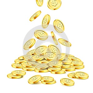 Realistic gold coin stack on white background. Rain of golden coins. Falling money on pile. Bingo jackpot or casino