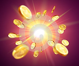Realistic Gold coins explosion.