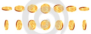 Realistic gold coins. Golden shiny cash coin, jackpot coin dollar animation, gold 3D treasure prize, golden money vector