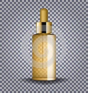 Realistic gold cosmetic glass bottle with dropper. Cosmetic vials for oil, collagen serum, liquid essential. Mock up