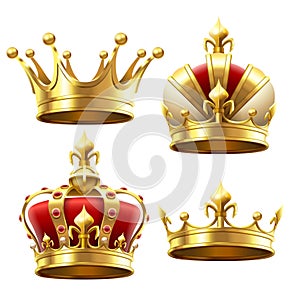 Realistic gold crown. Crowning headdress for king and queen. Royal crowns vector set