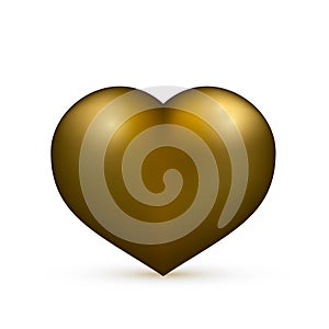 Realistic gold heart. Isolated on white. Valentine s day greeting card background. 3D icon. Romantic vector illustration. Easy to