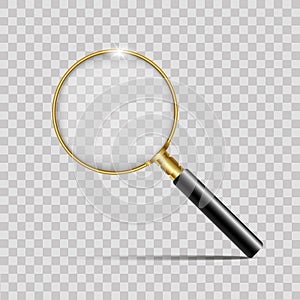 Realistic gold magnifier on transparent background. Vector.