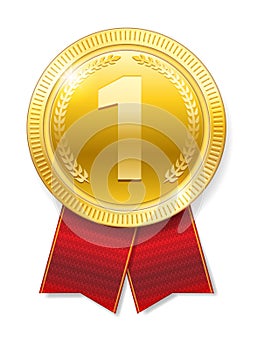 Realistic Gold medal with red ribbons for Winner isolated. Honor prize. Vector illustration