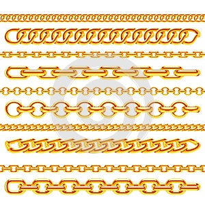 Realistic gold necklace chains vector brushes set