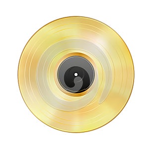 Realistic gold vinyl record isolated on white background. Gramophone LP, blank black label. Mockup disc. Highly detailed. Golden