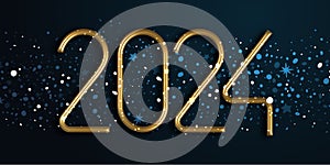 Realistic Golden 2024 Numbers with Snow and Stars on Dark Background. Vector Happy New Year 2024 Illustration. Holiday