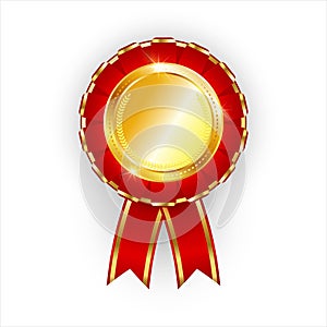 Realistic golden award decorated with red ribbon.