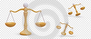 Realistic golden balancing scales. Symbol of judgment, weighted verdict. Justice system