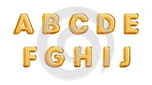 Realistic golden balloons alphabet isolated on white background. A B C D E F G H I J letters of the alphabet. Vector