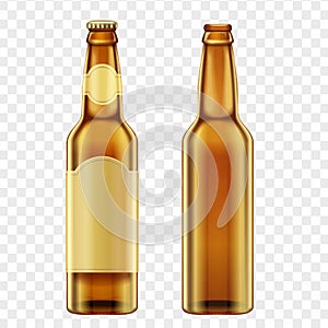 Realistic golden brown bottles of beer on alpha transperant background. Vector illustration.