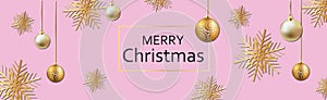 Realistic golden Christmas balls and stars on pink panoramic web background, Happy New Year and Christmas