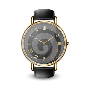 Realistic Golden Classic Vintage Unisex Wrist Watch with Roman Numerals and Black Dial Icon Closeup Isolated on White