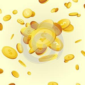 Realistic golden coins hanging in the air money background