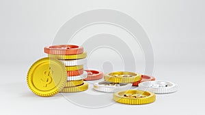 Realistic golden coins isolated on a white backgrond, 3d rendering