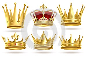 Realistic golden crowns. King, prince and queen gold crown and diadem royal heraldic decoration. Monarch 3d isolated