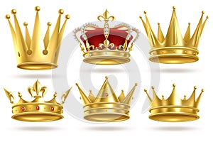 Realistic golden crowns. King, prince and queen gold crown and diadem royal heraldic decoration. Monarch 3d isolated photo