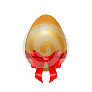 Realistic golden Easter egg decorated with red silk ribbon and bow isolated on white background