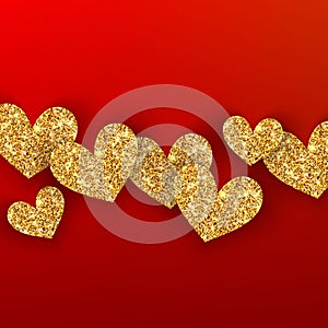 Realistic golden hearts on red background. Happy Valentines Day concept for greating card. Romantic Valentine gold