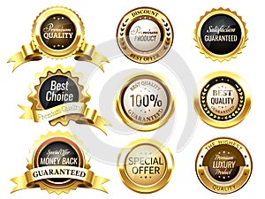 Realistic golden labels. Elegant best price banner, label with g