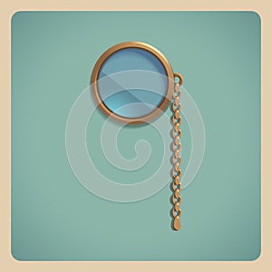 Realistic golden monocle on retro background.