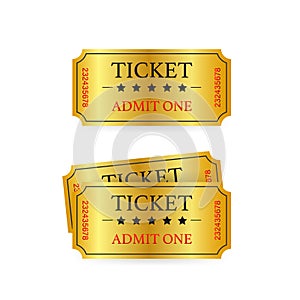 Realistic golden show ticket. Old premium cinema entrance tickets