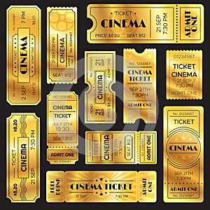 Realistic golden show ticket. Old premium cinema entrance tickets. Gold admission to movie theater or amusement shows