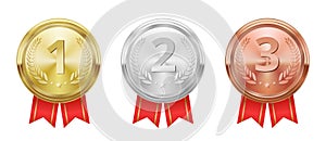 Realistic golden, silver and bronze medals, winner trophy award. Game champion prize badges, metal rewards with red ribbons vector