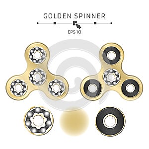 Realistic golden spinner on a white background. Disassembled bearings and details. Modern antistress toy for fingers. Vector illus