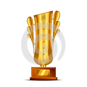 Realistic golden, trophy cup or award with text plate for champions. Sport winners cup.