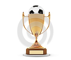 Realistic golden trophy Cup with gold ball inside. Winner Cup and football ball. Shiny golden 3d trophy awards on wooden