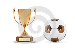 Realistic golden trophy Cup with gold ball. Winner Cup and football ball. Shiny golden 3d trophy awards on wooden shelf