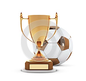 Realistic golden trophy Cup with gold ball. Winner Cup and football ball. Shiny golden 3d trophy awards on wooden shelf