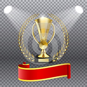 Realistic Golden Trophy with Gold Laurel Wreath and text space on red ribbon