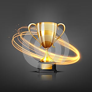 Realistic Golden Trophy with Protecting Gold Light Stream, Vector Illustration