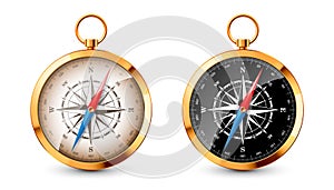Realistic golden vintage compass with marine wind rose and cardinal directions of North, East, South, West. Shiny metal
